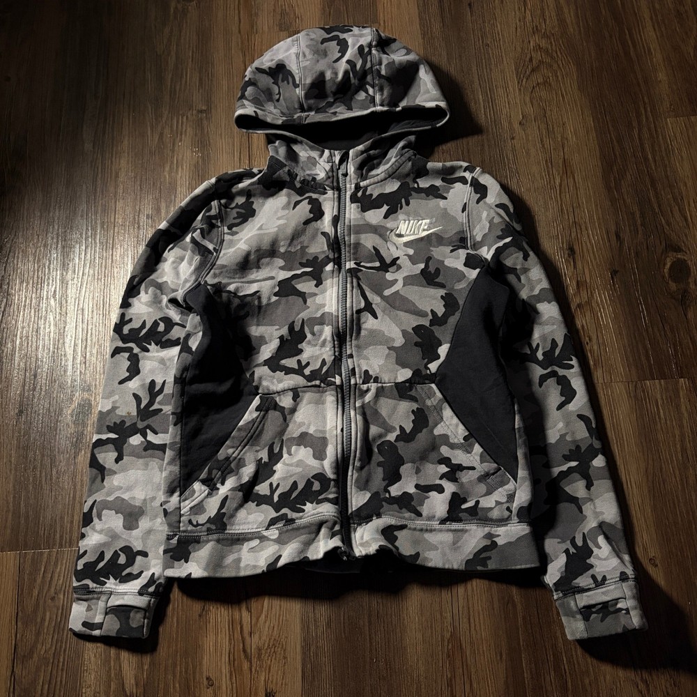 Nike Kids Camo Full Zip Hoodie Sweatshirt Gray Black Size L