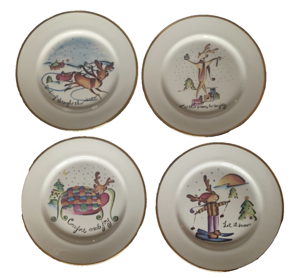 Vtg Rosanna Italy Reindeer Christmas Plates Set Of 4 Gold Rim 8