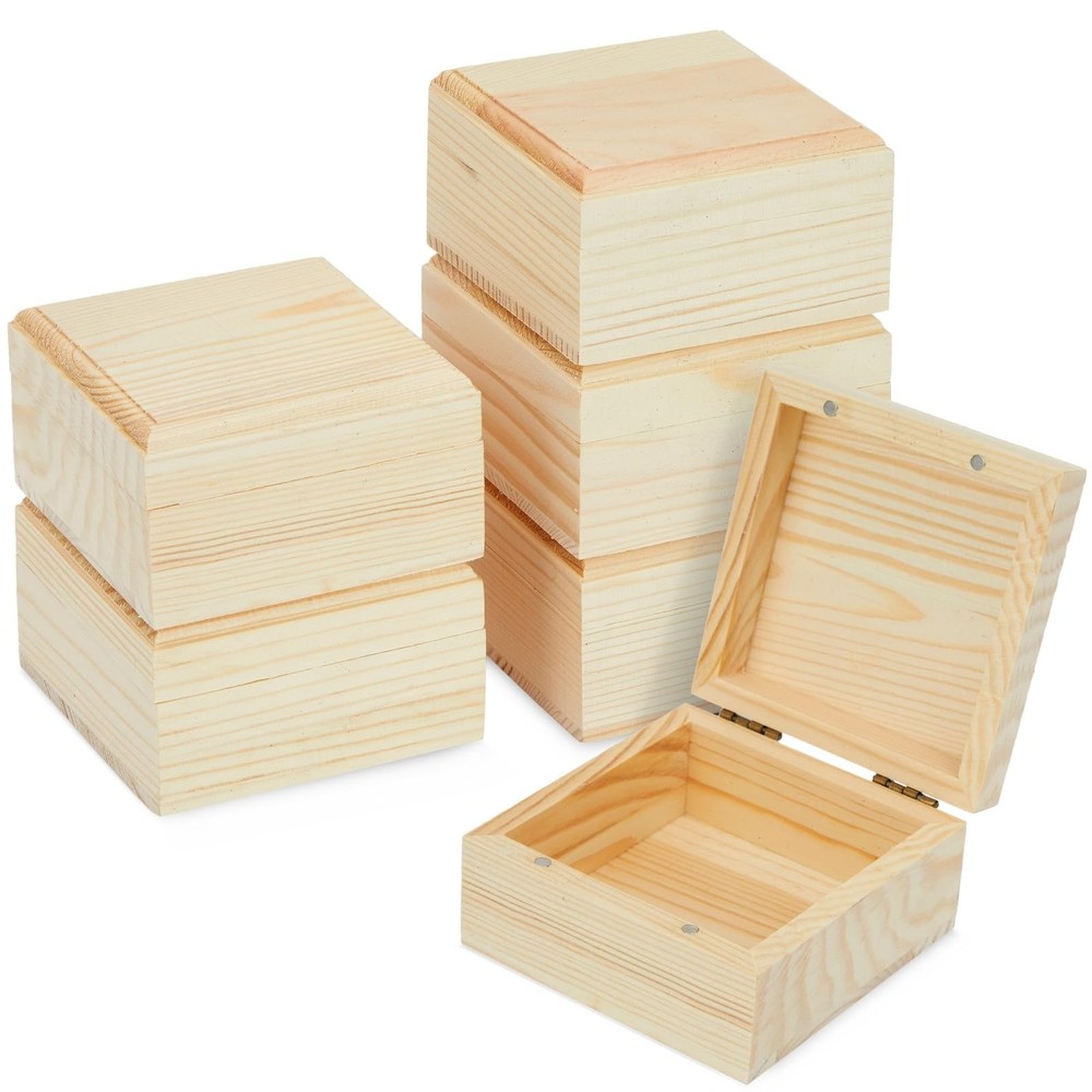 6 Pack Unfinished Pinewood Boxes with Magnetic Hinged Lids for Storage