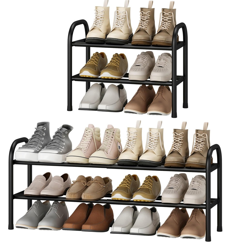 2-Tier Expandable Black Metal Shoe Rack Holds 12 Pairs Adjustable Storage