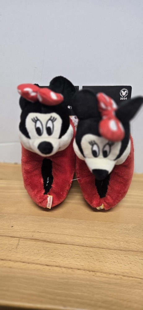 Disney Minnie Mouse Slippers Kids Size S/M Red Plush House Shoes 3D Bow Non Slip