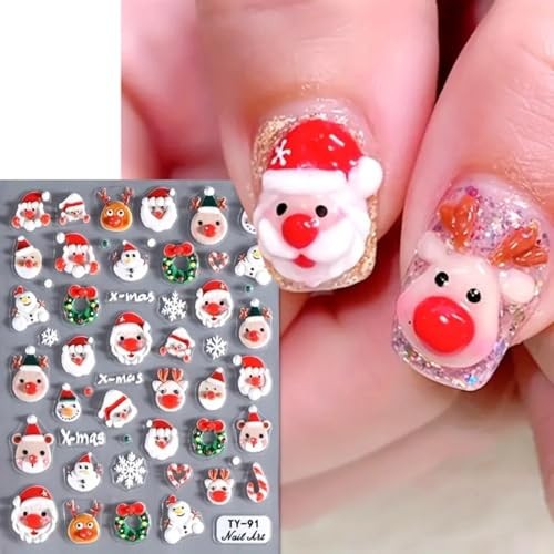 Christmas Nail Art Stickers Decals 5D Embossed Nail Decals Santa Claus Elk