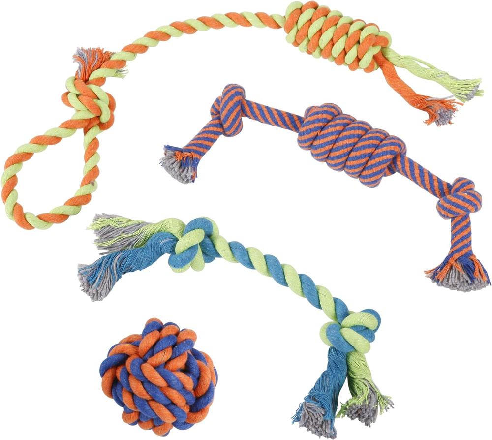 Dog Chew Rope Toys – Set of 4 Ropes - for Large, Small Teething Pets – All Puppy