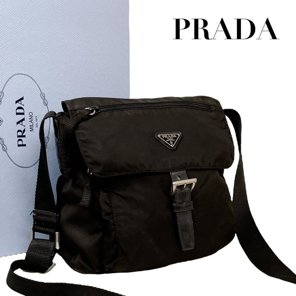 Prada Black Nylon Shoulder Bag with Triangle Logo Flap Excellent Condition Japan