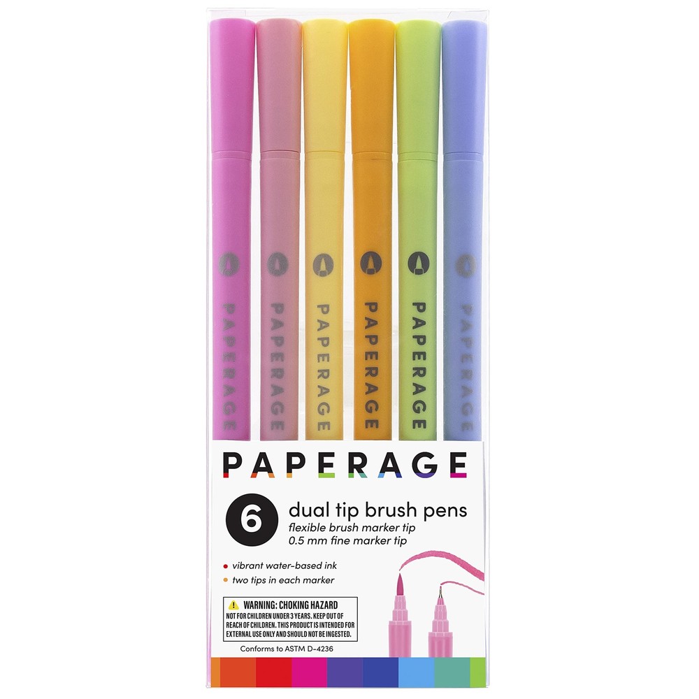 PAPERAGE Dual Tip Brush Pens (4.0mm Brush Tip + 0.5mm Fine Tip), Pastel, 6 Pa...