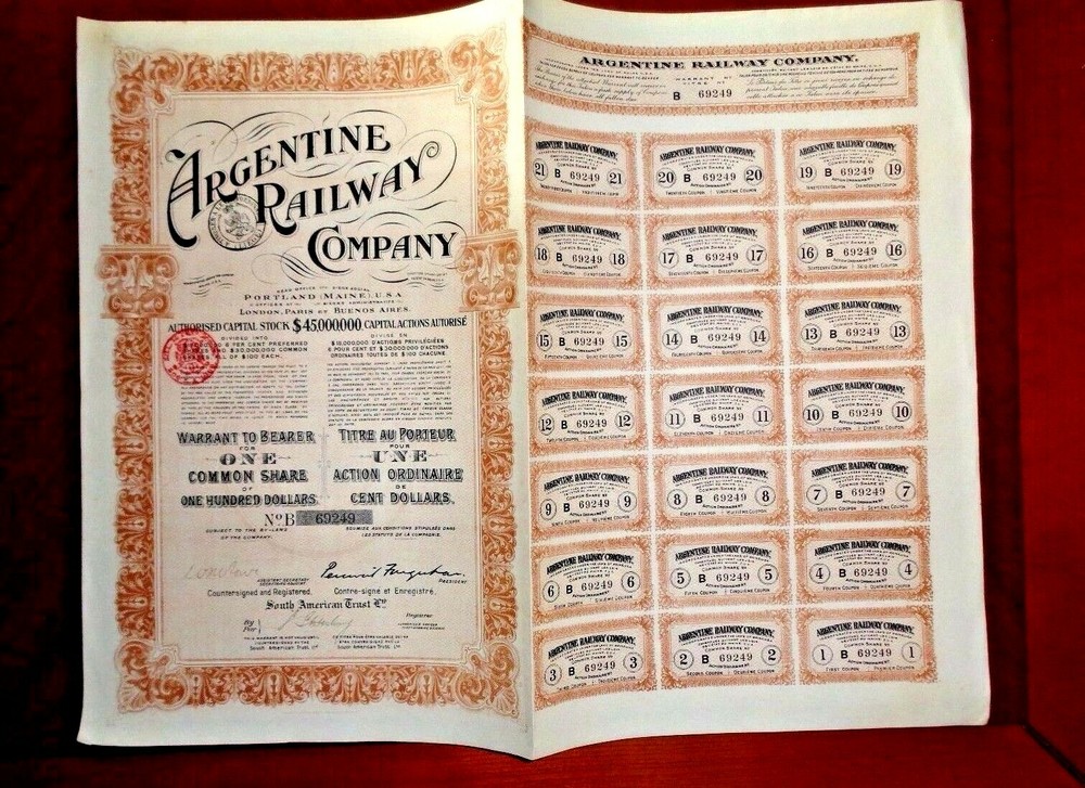 Rare 1912 Argentine Railway Company $100 Share from Portland, Maine, Fine Condition