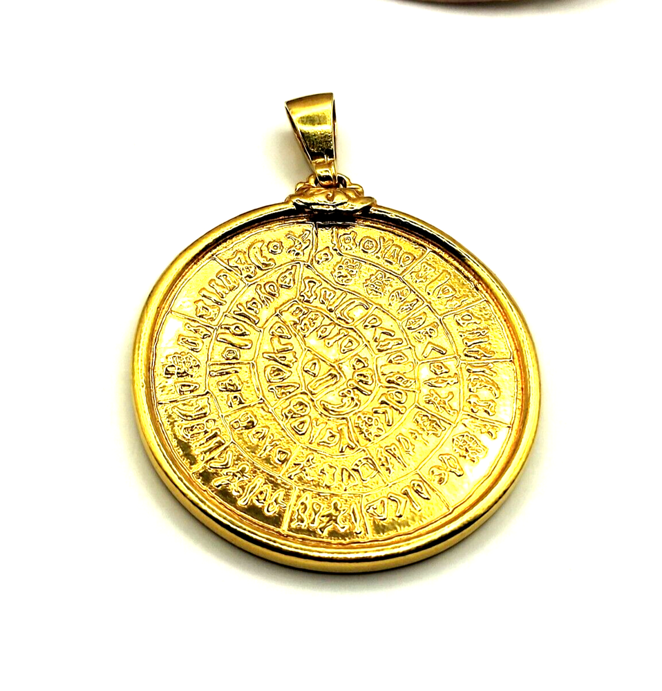 Greek Minoan Phaistos Disc Coin Sterling Silver 925 Gold Plated Pendant