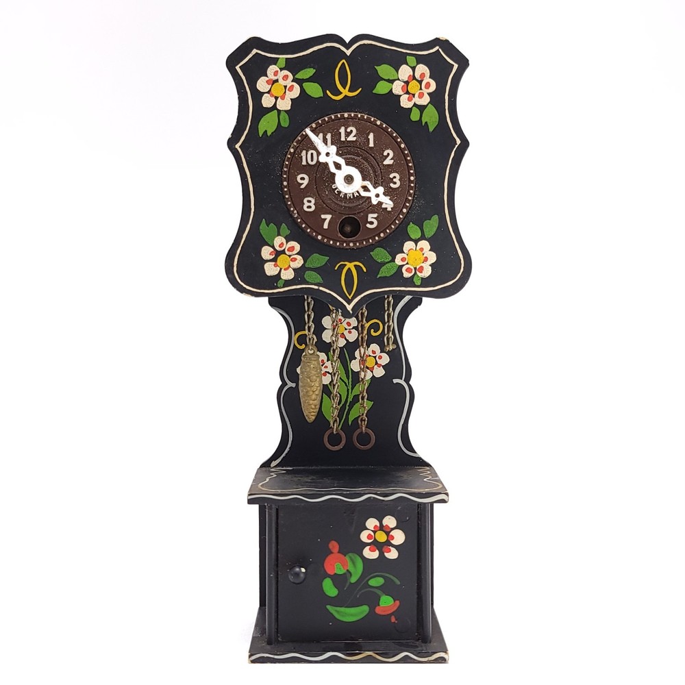 Vintage Hand-Painted German Miniature Wooden Grandfather Clock