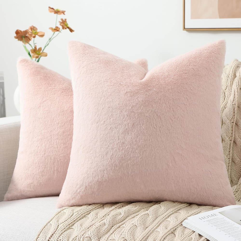 Faux Fur Plush Throw Pillow Covers 20X20 Set of 2, Luxury Soft Fluffy Cozy Decor