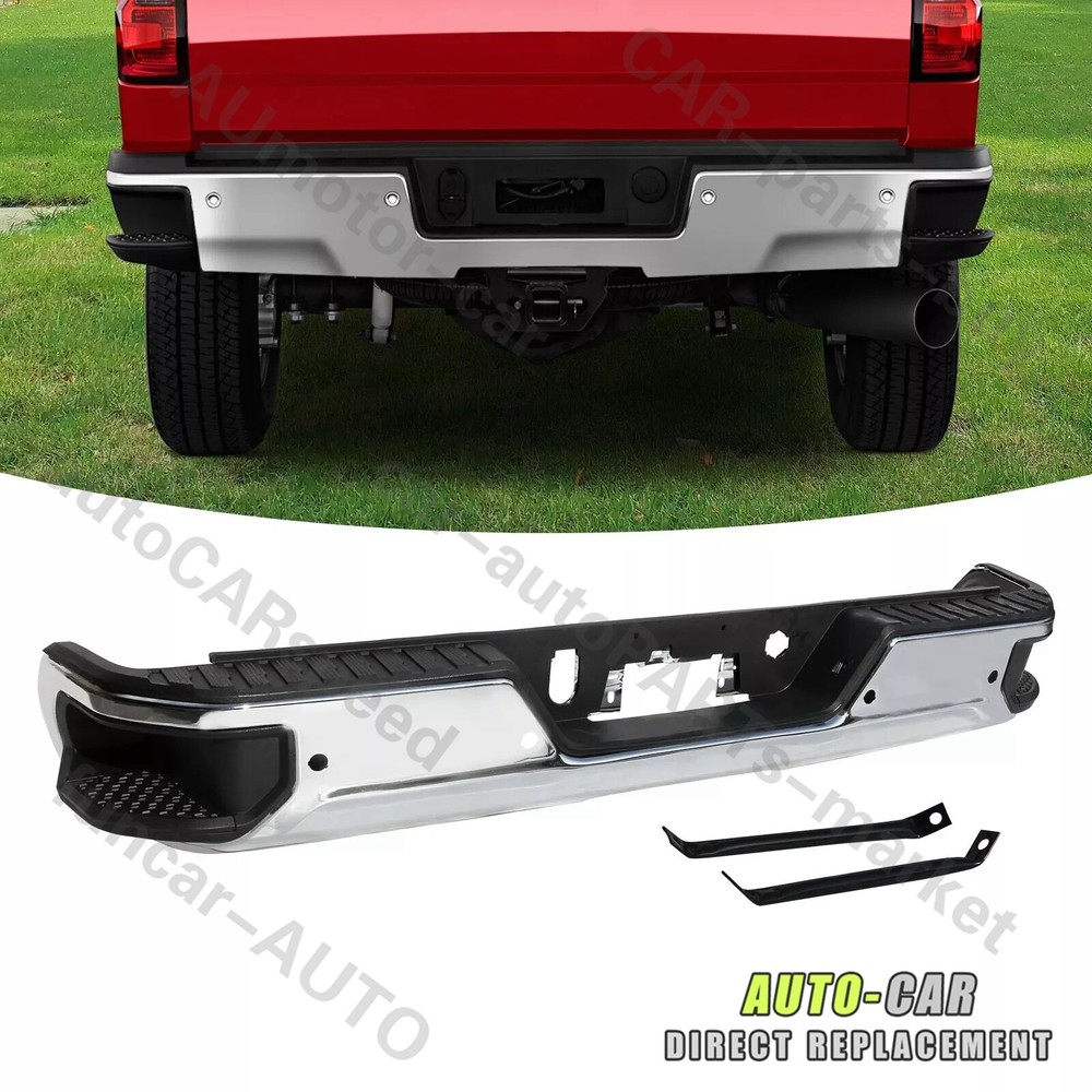 Chrome Steel Rear Bumper for 2019-2024 Chevy Silverado GMC Sierra W/ Sensor Hole