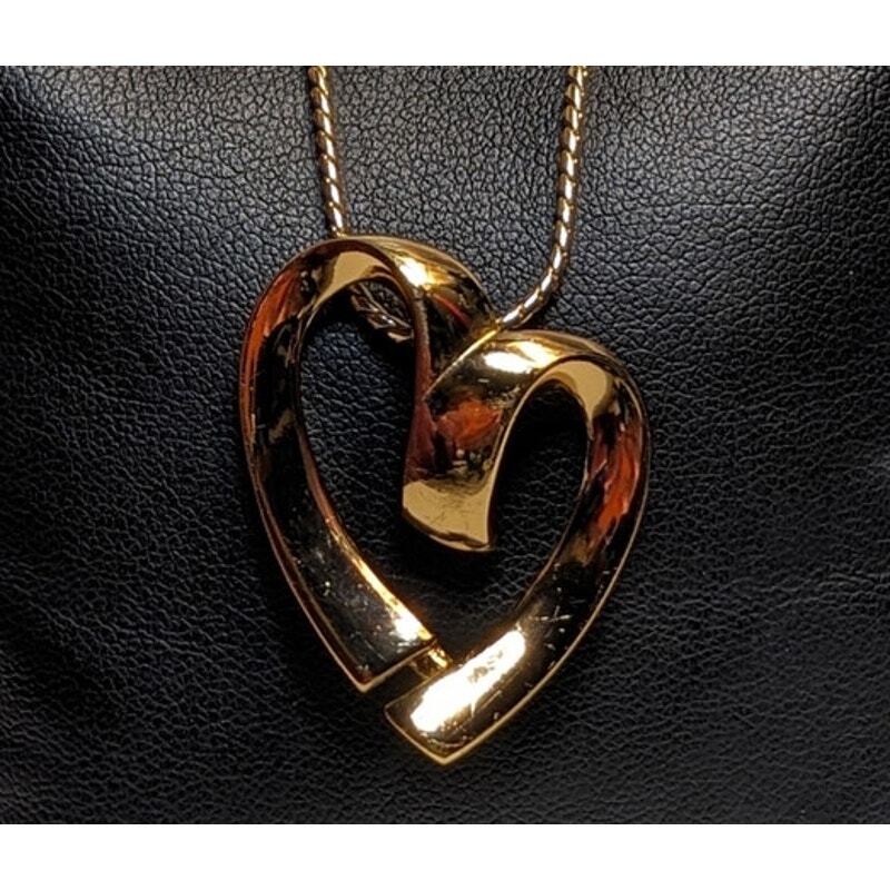 Vintage Modernist Monet Signed Open Heart Pendant, Gold Plated, 26 inch Chain