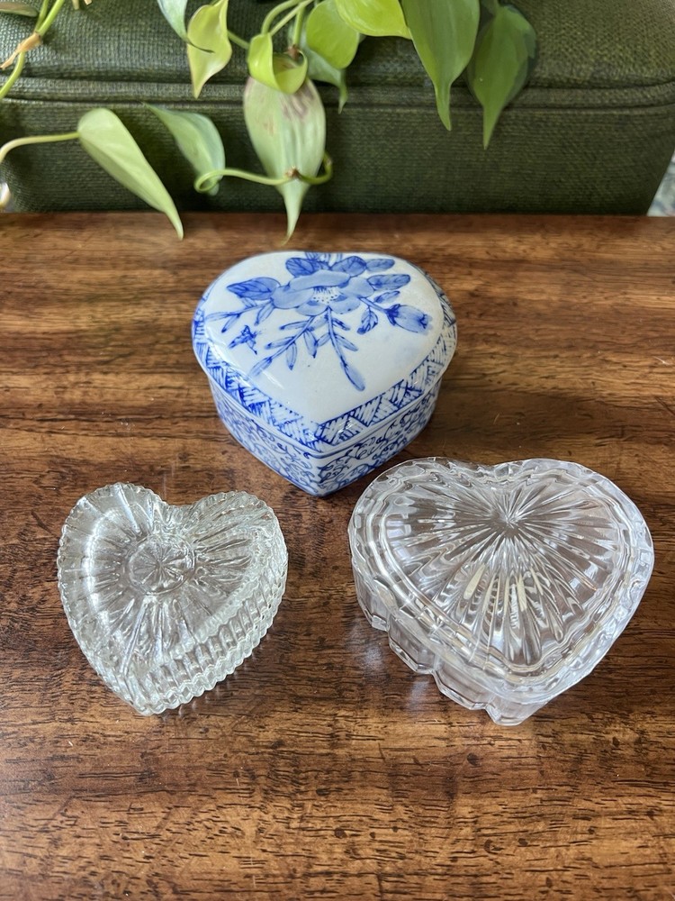 Vintage Blue & White Porcelain Heart Trinket Box Set with Clear Glass