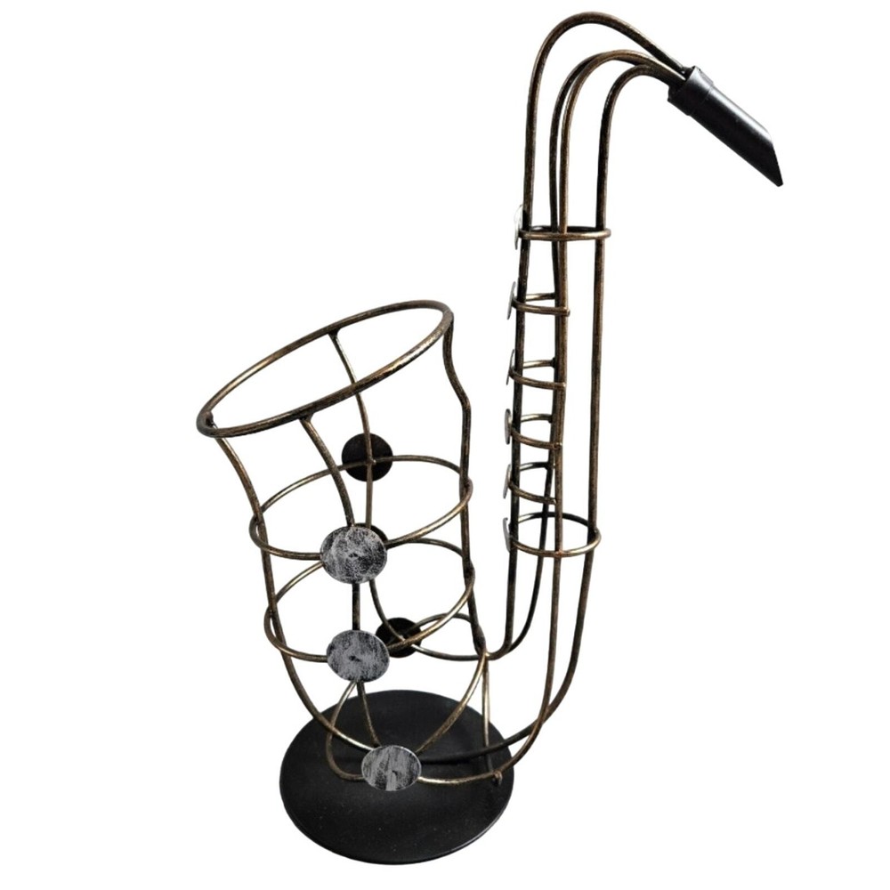 Brass-tone Wire Saxophone Shape Wine Bottle Holder Gift for Musician Home Bar