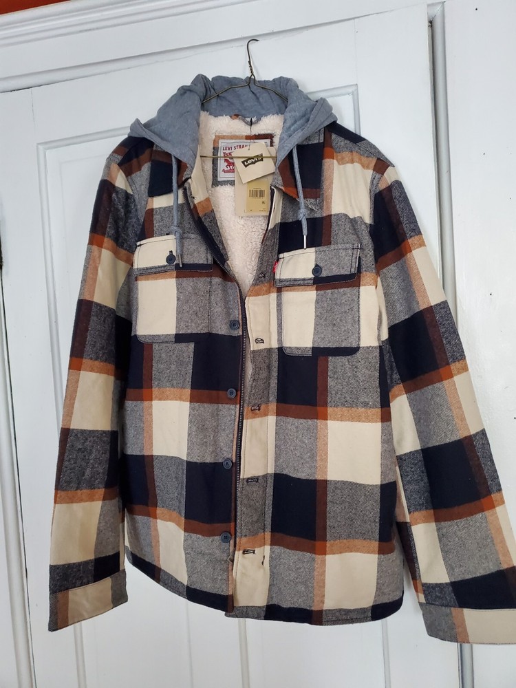 Back To School Levi's Men's Sherpa Lined Hooded Plaid Jacket Size M - NEW w Tags-image