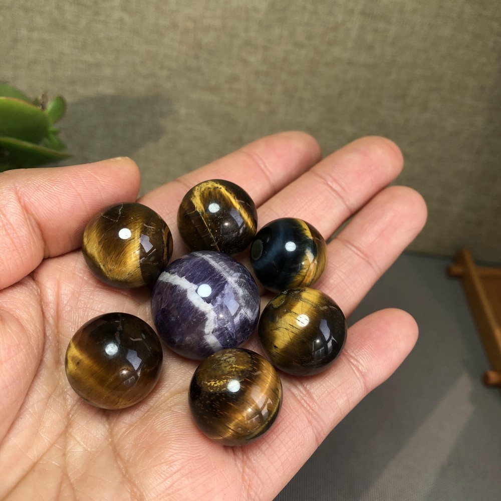 7Pcs Natural Amethyst & Yellow Tiger Eye Crystal Balls 18-23mm