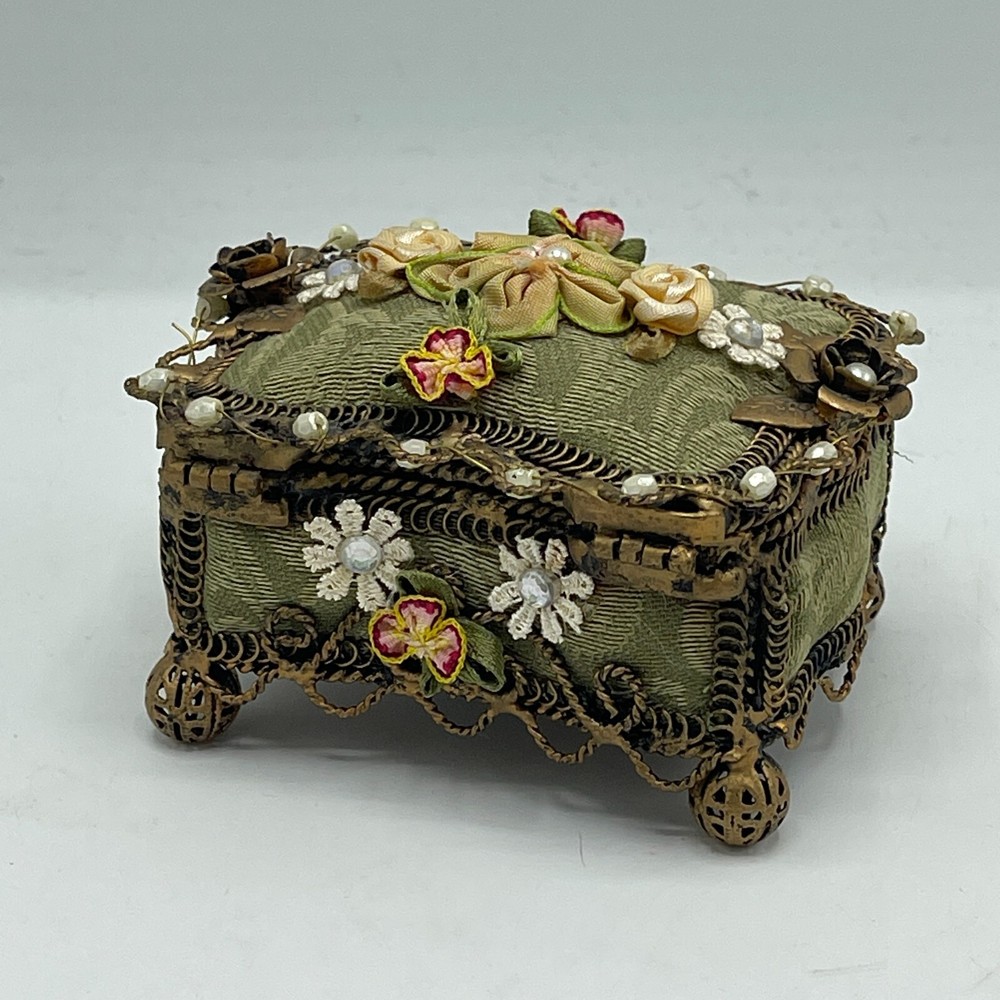 Antique Gold Metal Rococo Hinged Trinket Box Floral Fabric Beaded Baroque