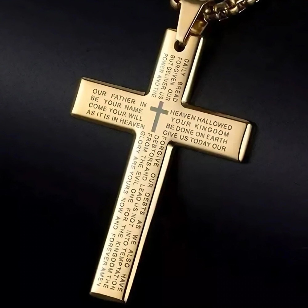 Mens Cross Necklace Gold Lords Prayer Pendant Stainless Steel Cross Necklace Men