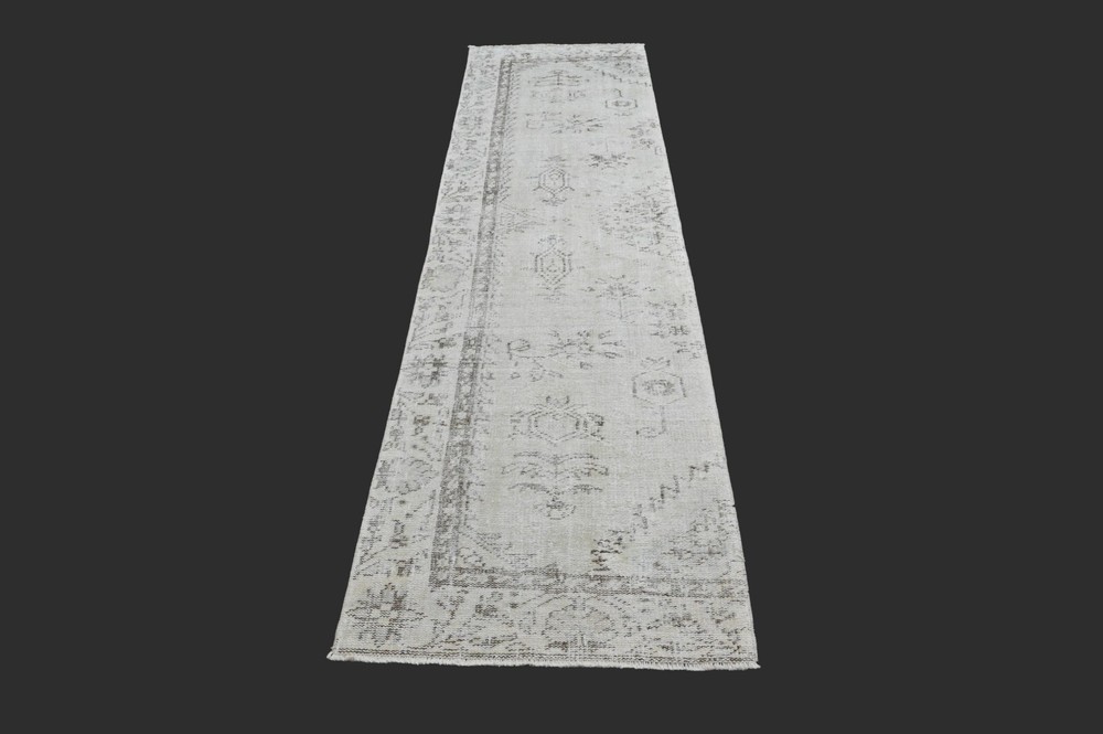Vintage 2x9 Turkish Oushak Runner Rug Handmade Anatolian Boho Kilim WHITE