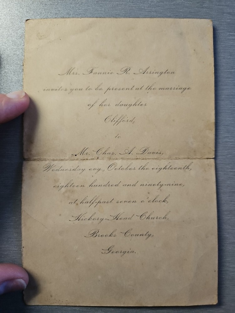 1899 Antique Wedding Invitation Brooks County Georgia (Lot 1401)