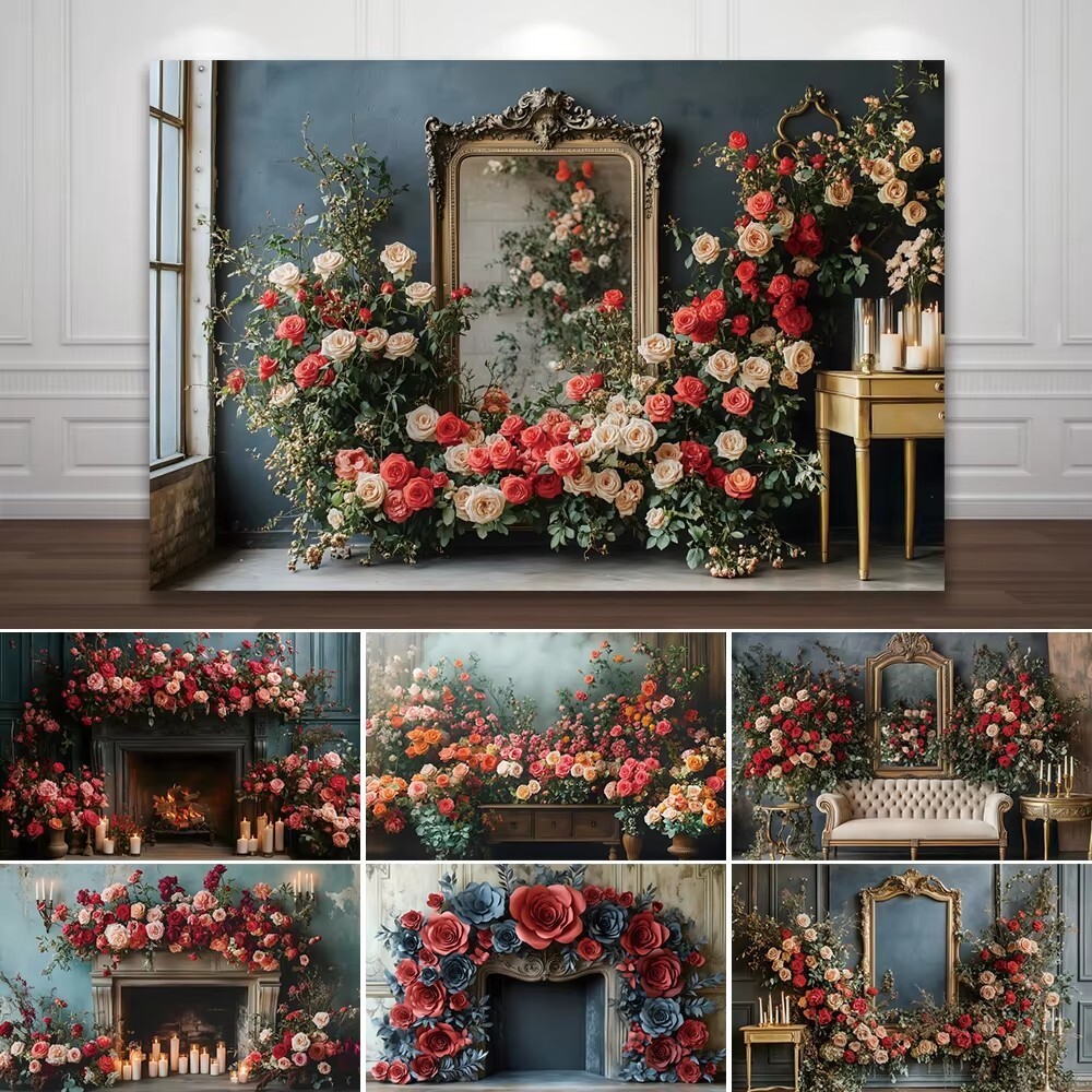 Europe Flower Wall Boho Photography Background Vintage Red White Rose Wedding