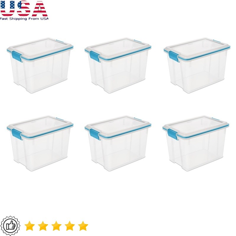 20 Qt Clear Stackable Plastic Storage Bins with Gasket Lids - 6 Pack Organizers
