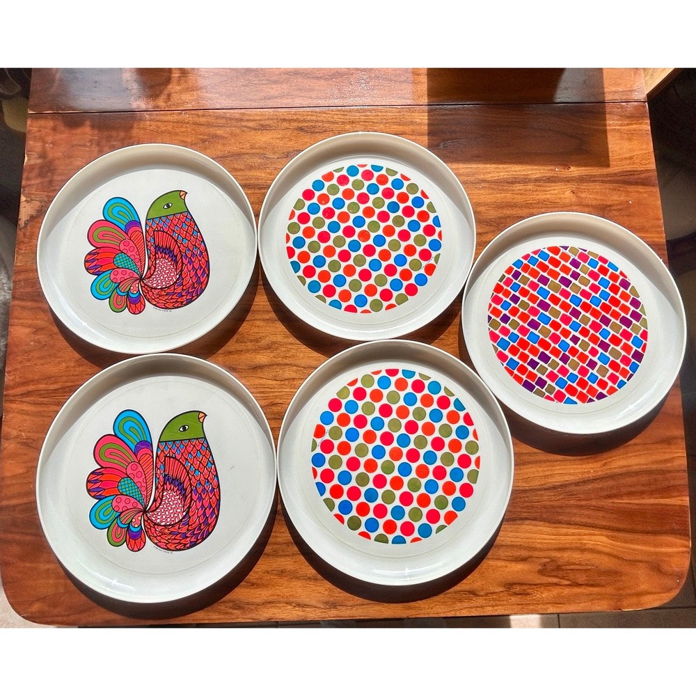 Set of 5 Vintage 1969 DEKA Plastics Tot' Em Tray No.140 Bird Polka Dots 12.5