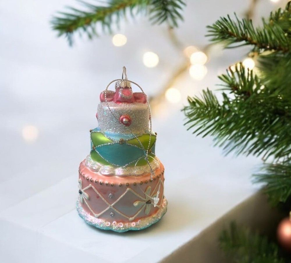3 Tier Wedding Cake Whimsical Glass Christmas Tree Ornament Multi Holiday NWT