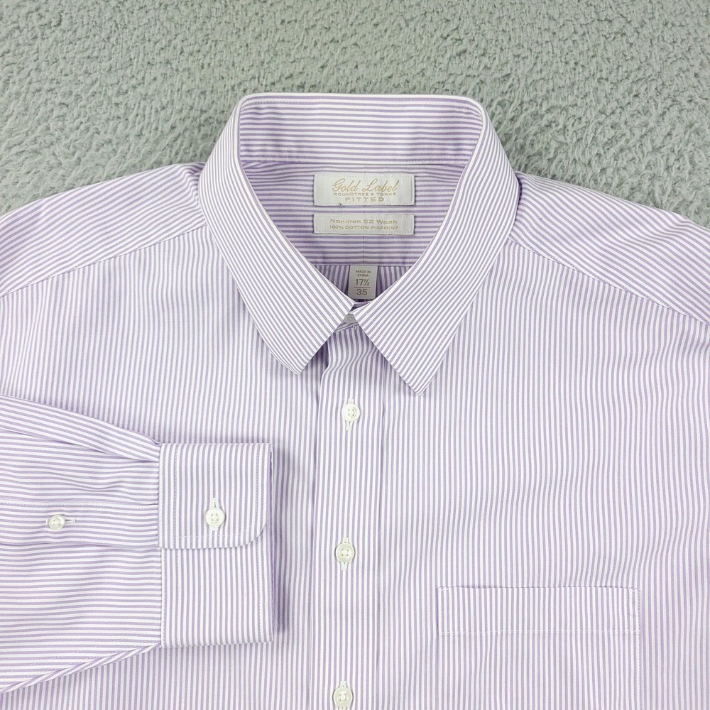 Roundtree & Yorke Gold Label Shirt Mens 17.5 35 Purple Stripe Fitted Non Iron