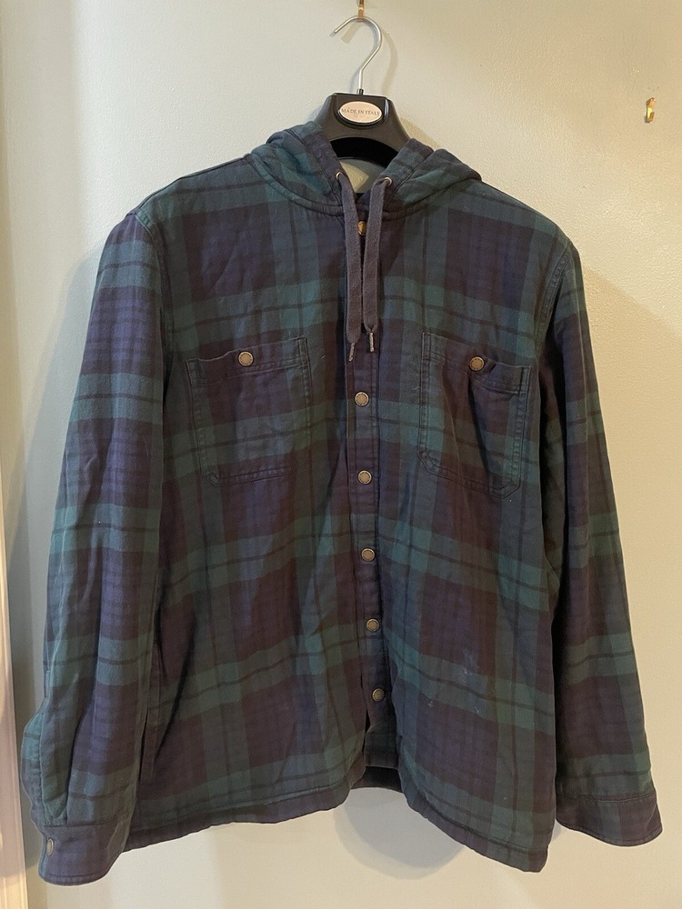 LL Bean Men's Large Green Blackwatch Fleece Hooded Flannel Jacket for Hiking Outdoors