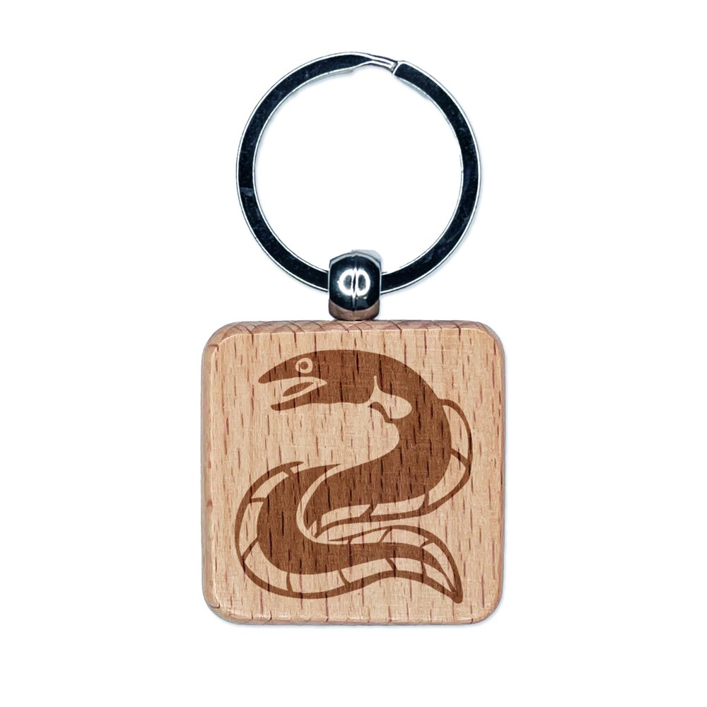 Eel Conger Long Fish Engraved Wood Square Keychain Tag Charm