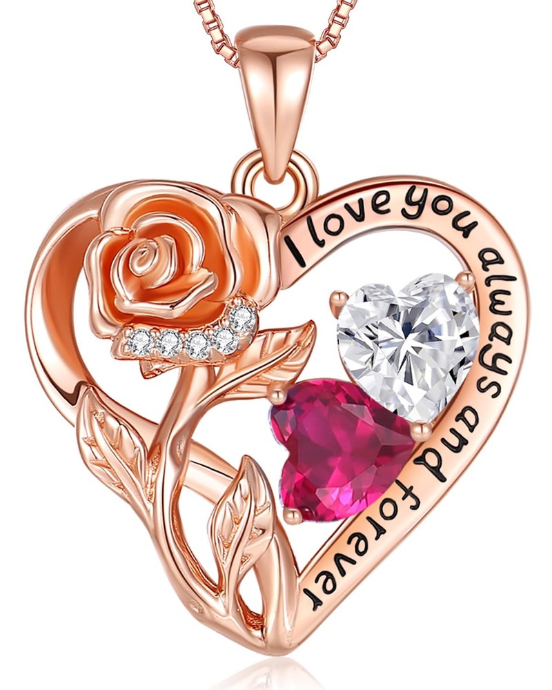 925 Sterling Silver Double Birthstone Rose Flower Heart Jewelry Necklaces for...