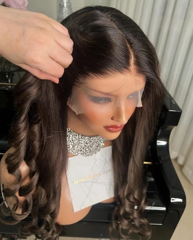 26'' Long Dark Brown Curly Wavy Wig 13x4 Lace Frontal 100% Human Hair Wig