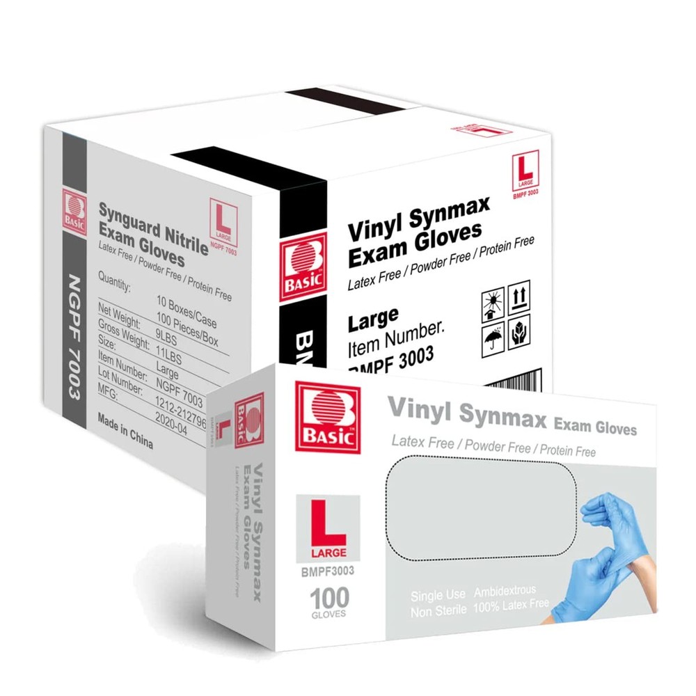 Medical Synmax Vinyl Exam Gloves - Latex-Free Powder-Free Disposable