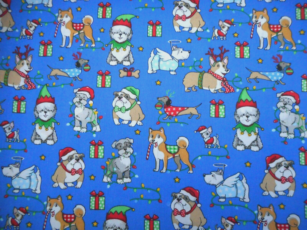 Cotton Fabric 1 2/3 Yard Fancy Christmas Dogs Bones Gifts Stars Blue  Vtg #67 #C