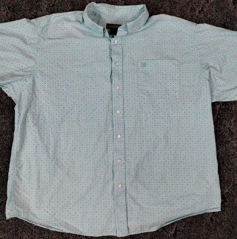 Ariat Shirt Mens Size XXL Button Down Teal/Green  Short Sleeve Western Wear