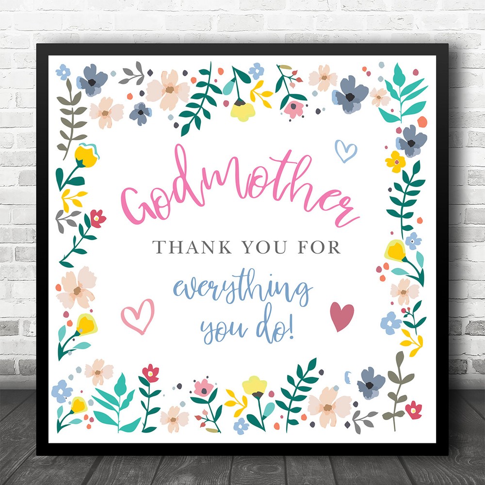 Godmother Thank You Flower Border Square Personalised Gift Art Print