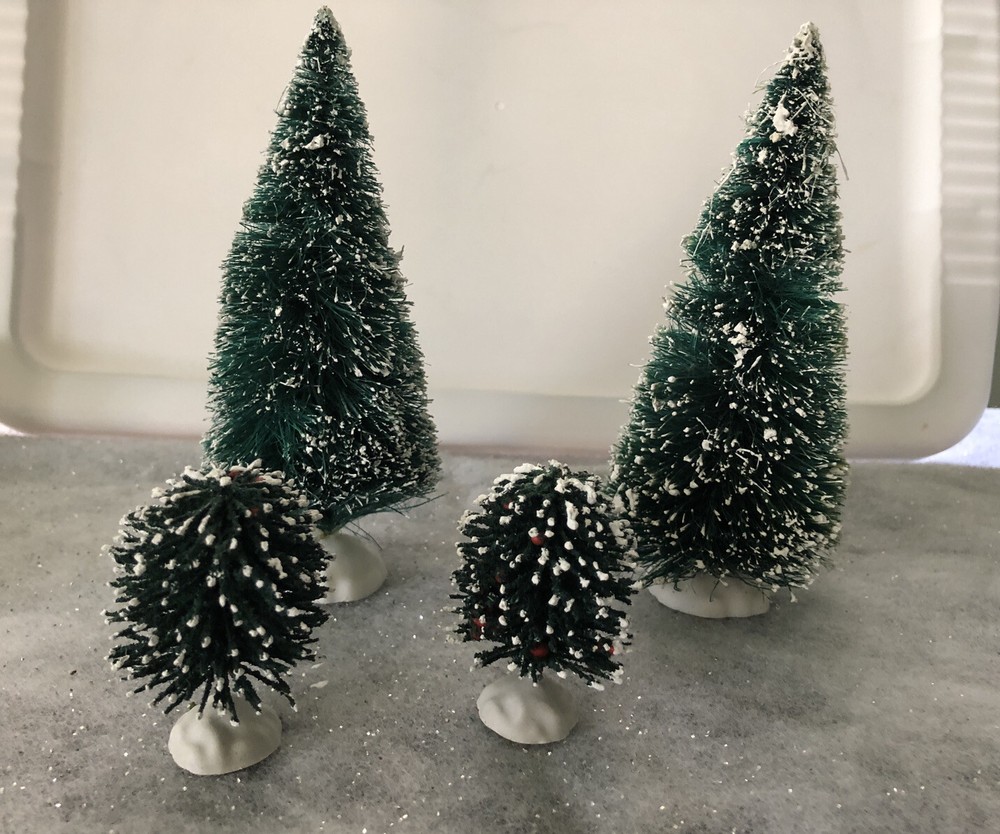4~Lemax Sisal Bottle Brush Christmas Trees/Shrubs Flocked Snow Village Accessory