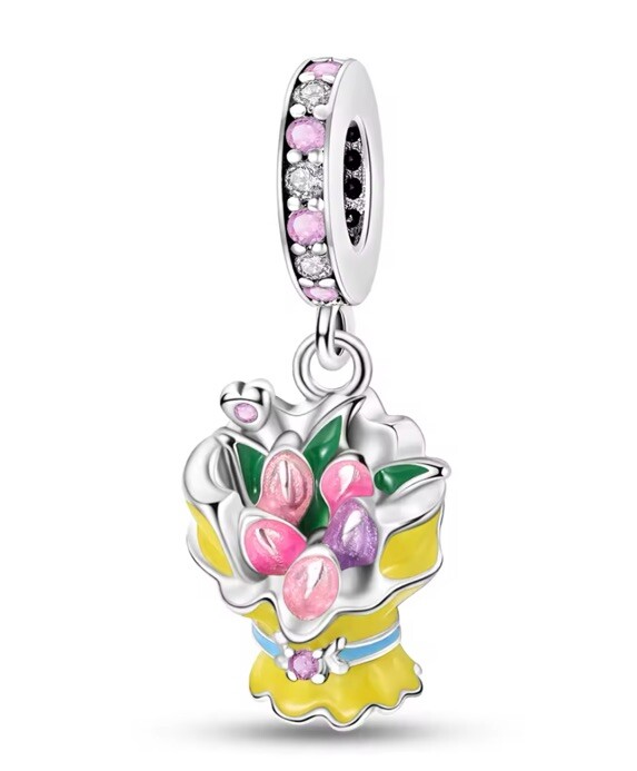 Tulips Bunch Of Flowers Charm Bead Pendant For European Bracelet Gift
