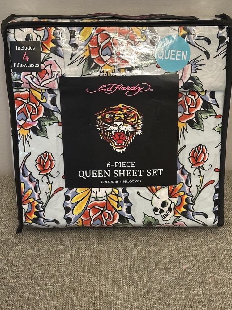 Ed Hardy 6 Piece Sheet Set Multi Colored Skull Roses Size Queen