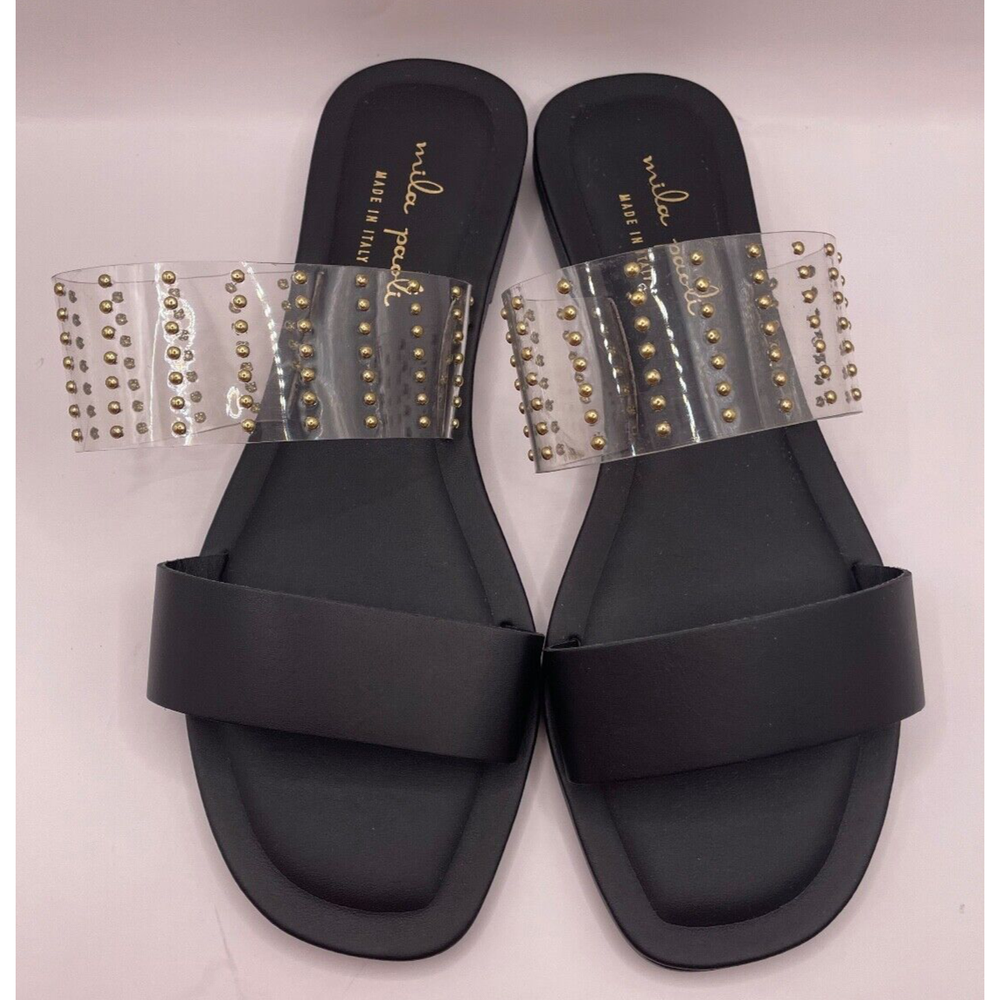 Mila Paoli Black Synthetic/Translucent Studded Slide Sandal Made in Italy Size 7