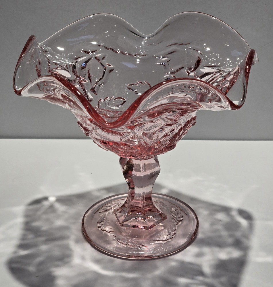 Vintage Fenton Pink Wild Rose Madonna Pattern Ruffled Glass Candy Dish