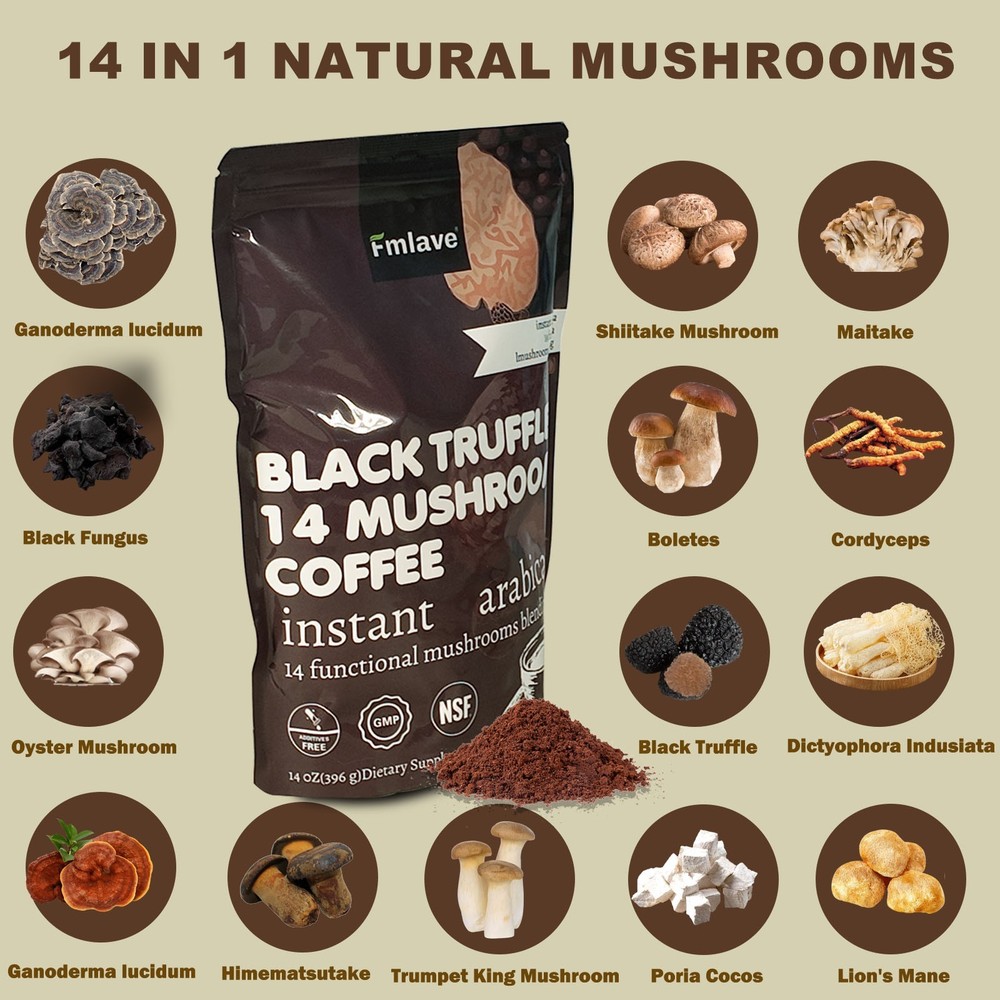 14 Mushroom Blend Powder Organic Coffee 14oz Reishi Lions Mane Cordyceps Maitake