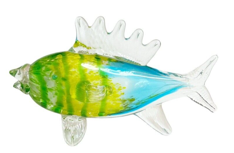 Art Glass Hand Blown Large Tropical Fish Sculpture Figurine Blue & Yellow 11