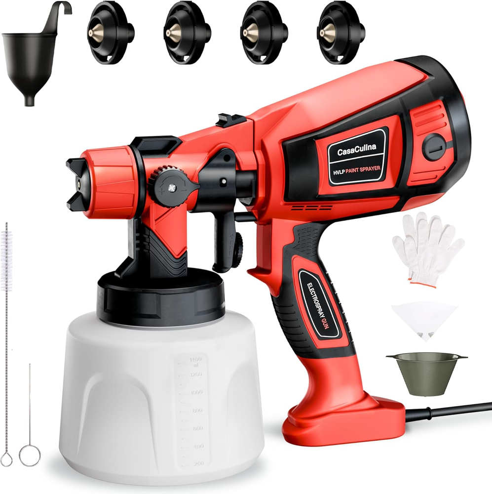 850W HVLP Paint Sprayer, 1400ml, 4 Nozzles, 3 Patterns, Red, for Furniture & DIY