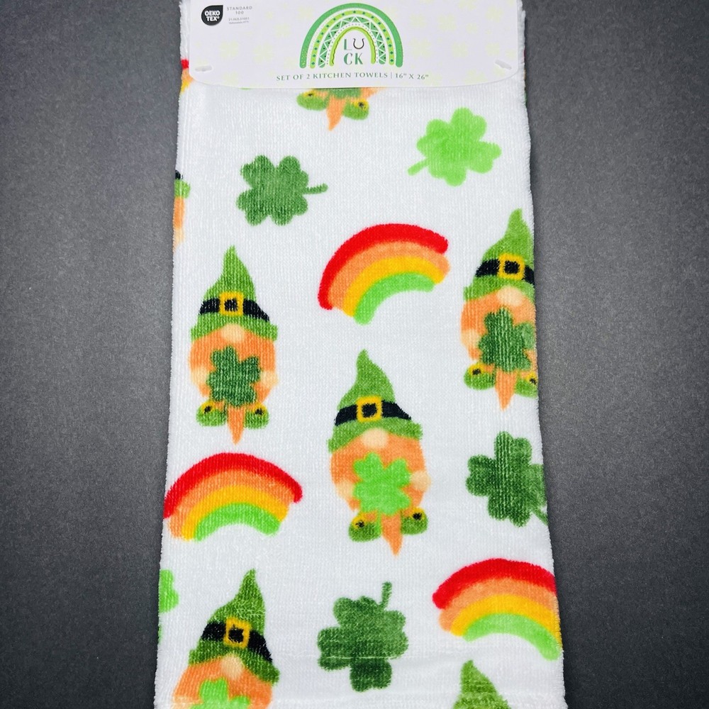 St. Patrick’s Day 2 Pack Kitchen Hand Towels Clovers Green Irish Rainbows Gnome