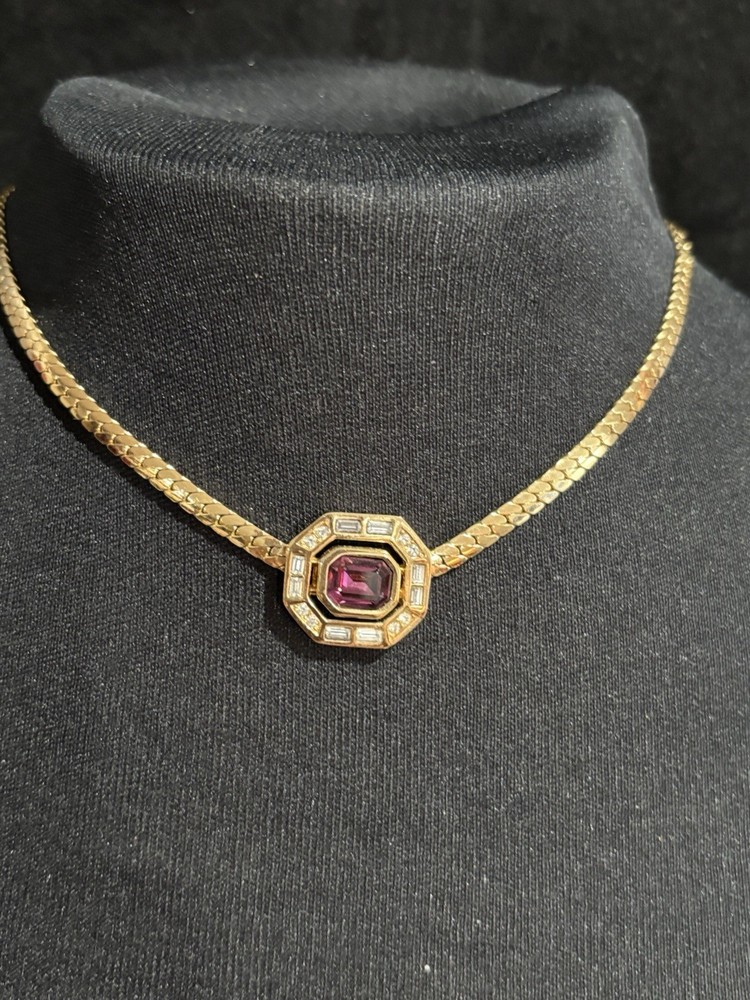 Vintage Christian Dior Amethyst Purple Rectangle Pendant Gold Tone Necklace
