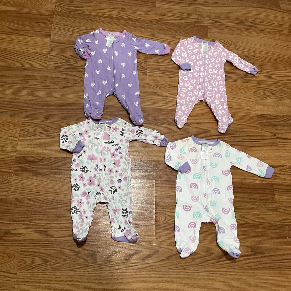 Lot Of 4 Girls Footed Pajamas Hearts, Rainbow & Floral Print Sz Newborn