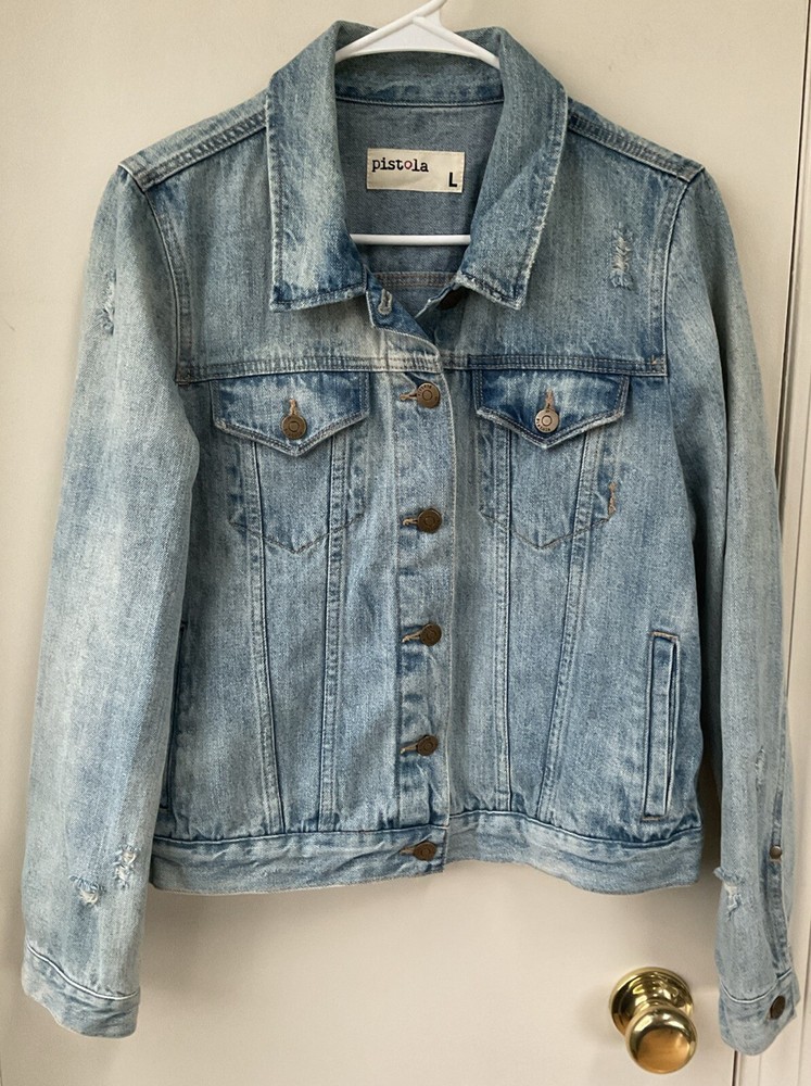 Pistola Womens Size L Denim Jean Jacket Oversized Light Med Wash Distressed