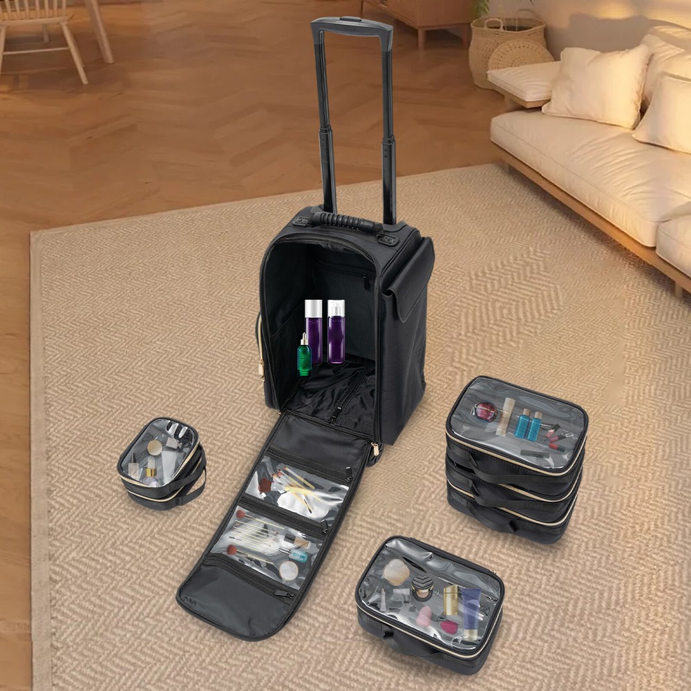 Professional Rolling Makeup Train Case with Cosmetic Storage Organizer