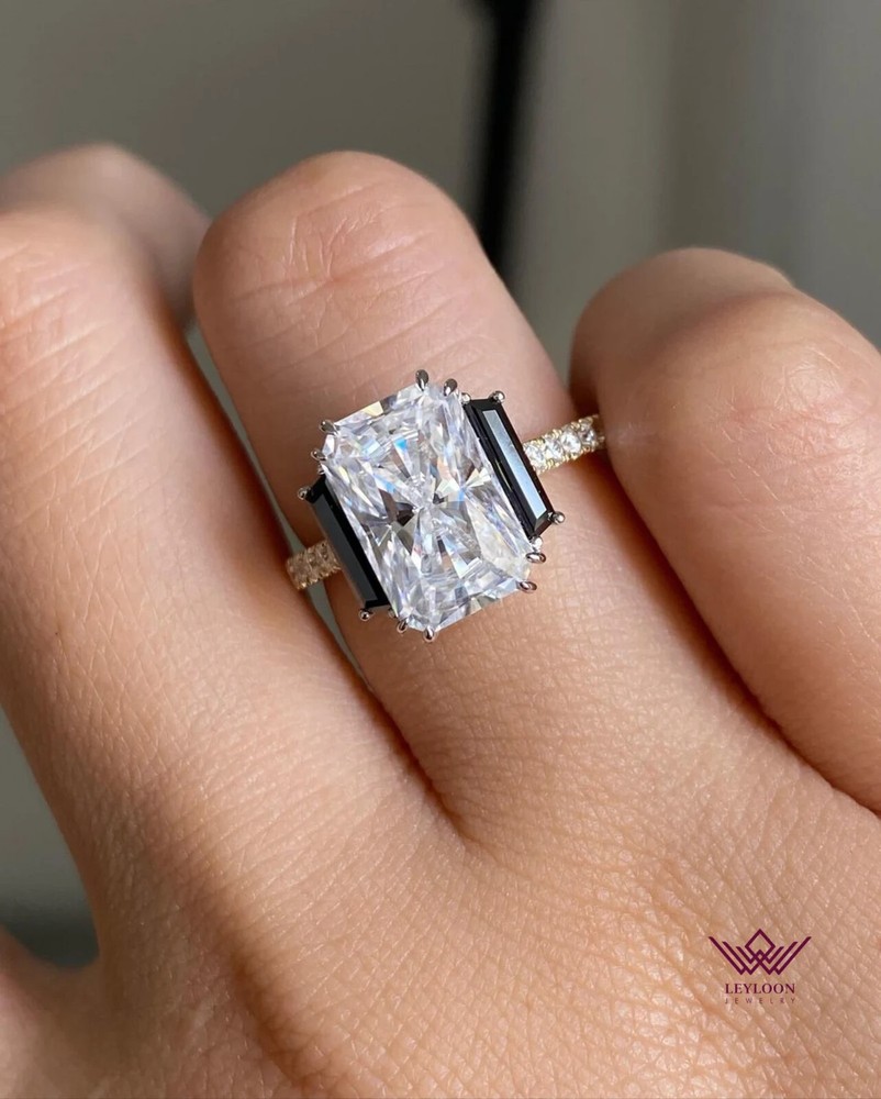 Radiant Cut Two-Tone 18K Moissanite Ring with Hidden Halo and French Pave